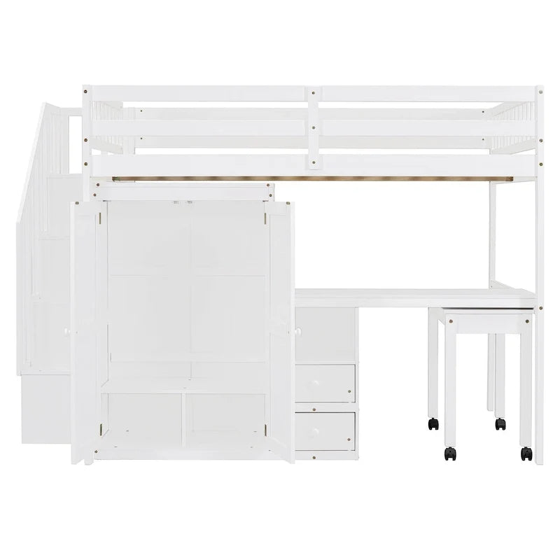 Full Size Loft Bed with Stairs, Bookshelf, Desk & Wardrobe - Space-Saving Multifunctional Furniture for Kids & Teens-White