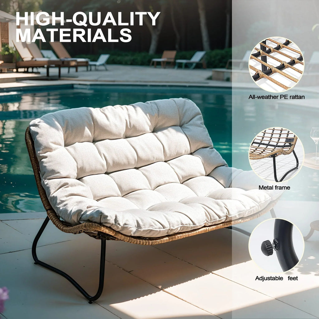 Διπλή πολυθρόνα Papasan Loveseat με μαξιλάρι, από ρατάν PE παντός καιρού και μεταλλικό σκελετό για εσωτερικούς και εξωτερικούς χώρους