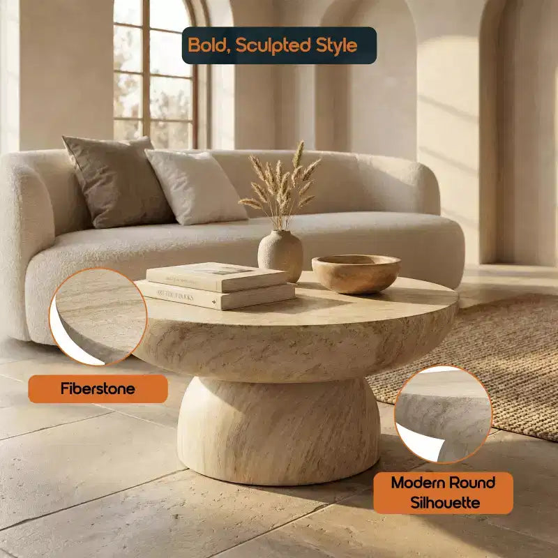 Στρογγυλό τραπεζάκι σαλονιού από Fiberstone, γλυπτό βοηθητικό τραπεζάκι εσωτερικού και εξωτερικού χώρου με αντιολισθητικά πέλματα