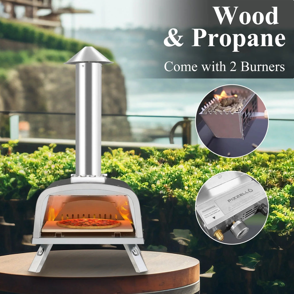 Multi-Fuel Outdoor Pizza Oven Stonebaked Pizza Maker with Gas Burner & Wood Box - 12 inch