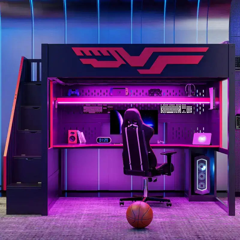 Υπερυψωμένο κρεβάτι Gaming διπλό με γραφείο και φωτισμό LED, ξύλινο υπερυψωμένο κρεβάτι διπλού μεγέθους με σκάλα, αποθηκευτικό χώρο και θύρα USB, Κόκκινο+Μαύρο