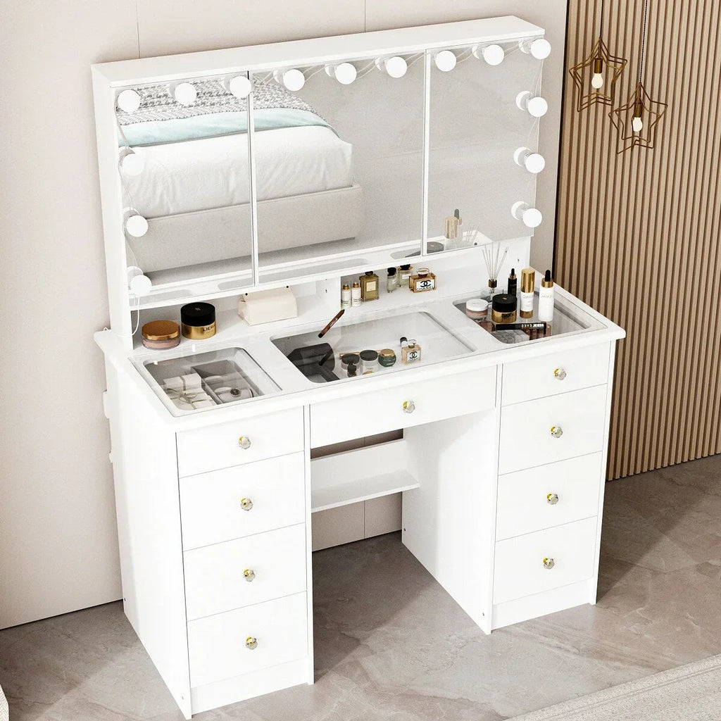 Makeup Vanity w/Tri-Fold Mirror Certified Lighting Glass Top Dresser