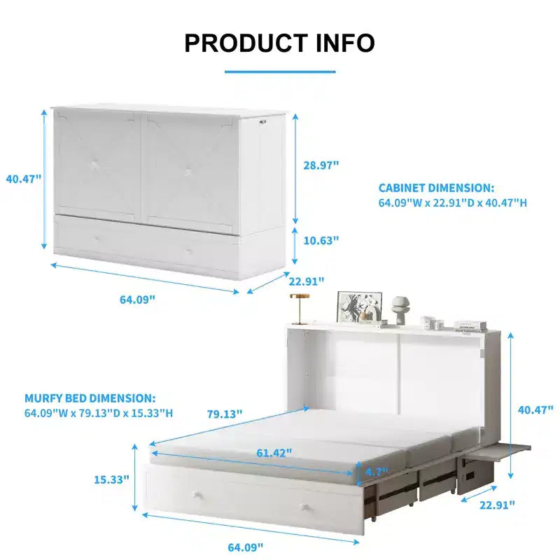 Mjkone Murphy Bed Queen, Αναδιπλούμενο κρεβάτι-ντουλάπι Cube με σταθμό φόρτισης & αποθηκευτικό χώρο