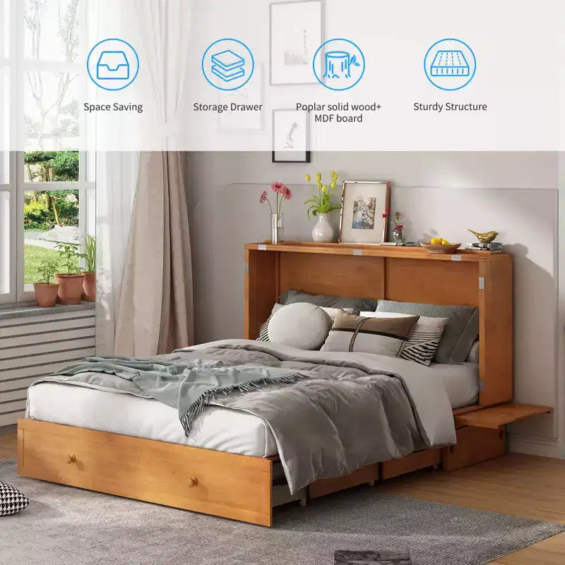 Mjkone Murphy Bed Queen, Αναδιπλούμενο κρεβάτι-ντουλάπι Cube με σταθμό φόρτισης & αποθηκευτικό χώρο