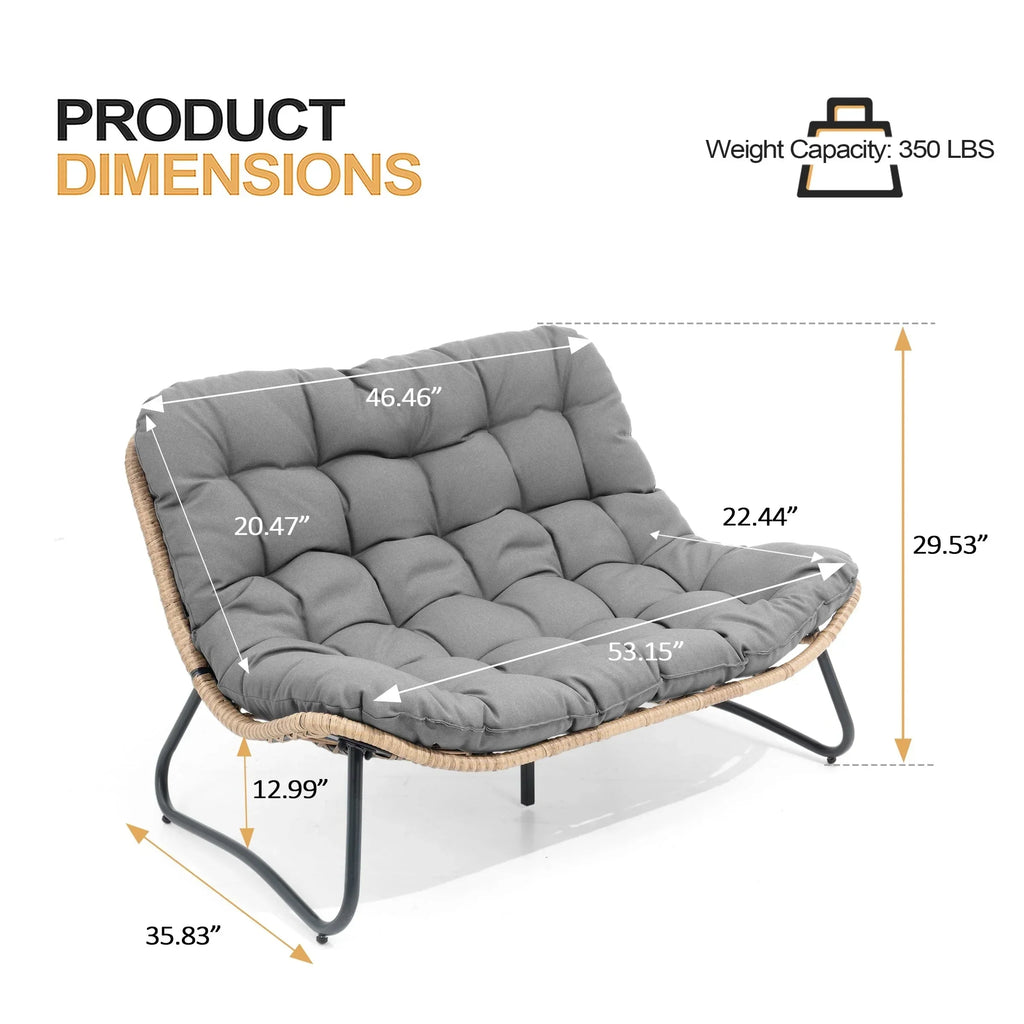 Διπλή πολυθρόνα Papasan Loveseat με μαξιλάρι, από ρατάν PE παντός καιρού και μεταλλικό σκελετό για εσωτερικούς και εξωτερικούς χώρους