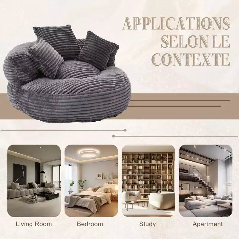 Καναπές Bean Bag για ενήλικες και παιδιά, υπερμεγέθης πολυθρόνα πουφ από κοτλέ ύφασμα με 3 μαξιλάρια και μπράτσα για το σαλόνι και την κρεβατοκάμαρα