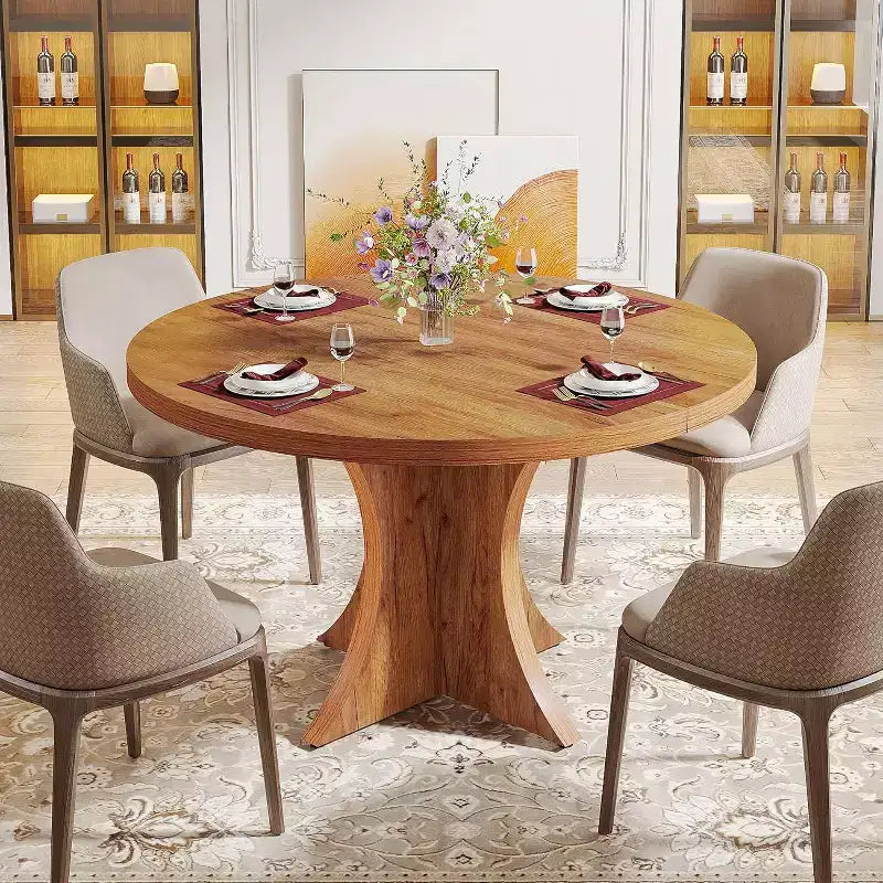 Στρογγυλή τραπεζαρία Lantine 119,99 εκ. για 4-6 άτομα, αγροτικού τύπου τραπέζι κουζίνας με βάση κολώνα, μικρό τραπέζι φαγητού για τραπεζαρία, σαλόνι, καφέ