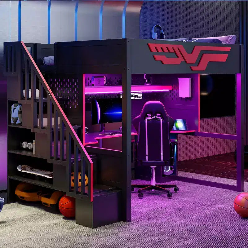 Υπερυψωμένο κρεβάτι Gaming διπλό με γραφείο και φωτισμό LED, ξύλινο υπερυψωμένο κρεβάτι διπλού μεγέθους με σκάλα, αποθηκευτικό χώρο και θύρα USB, Κόκκινο+Μαύρο