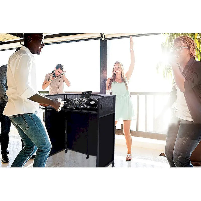 Portable DJ Booth Table Set with Integrated Lighting Scrims, Sturdy Carry Case, and Compact 40x20 inch Dimensions
