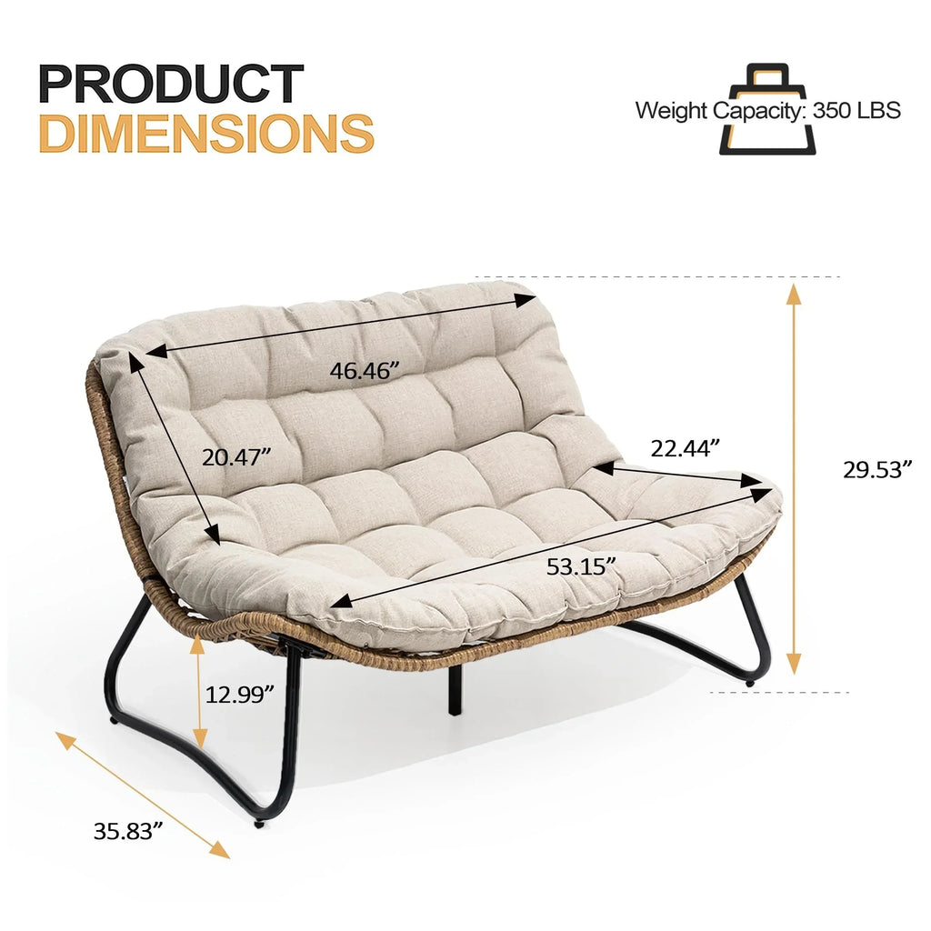 Διπλή πολυθρόνα Papasan Loveseat με μαξιλάρι, από ρατάν PE παντός καιρού και μεταλλικό σκελετό για εσωτερικούς και εξωτερικούς χώρους