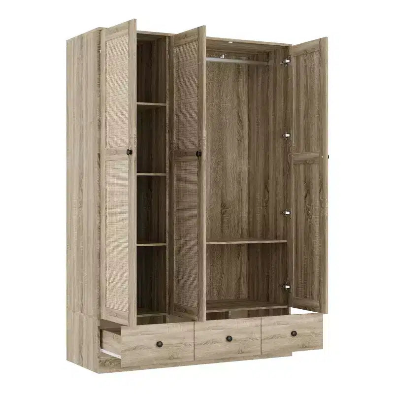 Ντουλάπα Rattan Famapy με 3 Συρτάρια, 3 Πόρτες από Διαπνέον Rattan, Ψηλή Ντουλάπα Αποθήκευσης σε Αγροτικό Στυλ για την Κρεβατοκάμαρα