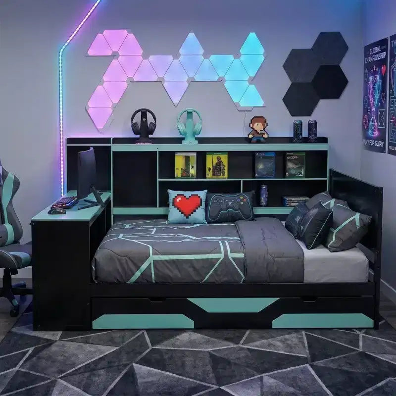 Gamer Hub Daybed με Γραφείο, Φώτα RGB, Σταθμό Φόρτισης, Συρτάρια Αποθήκευσης & Κεφαλάρι-Βιβλιοθήκη
