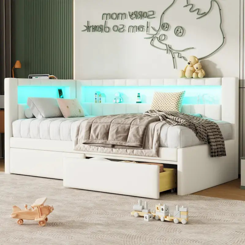 Upholstered Platform Bed with USB Ports & LED Lighting - Full/Twin Size Bed Frame with 2 Storage Drawers - Modern Bedroom