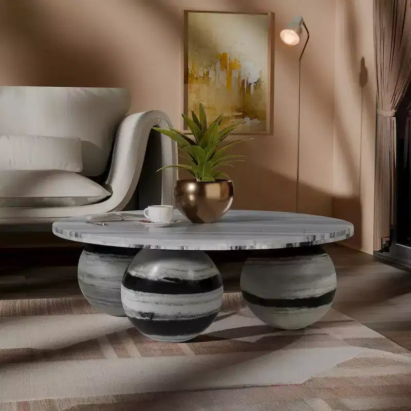 Round Marble Coffee Table with Sphere Legs, Multicolor, Seats 4â€?