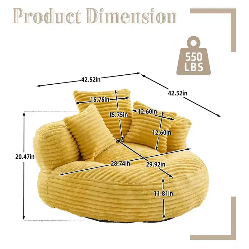 Καναπές Bean Bag για ενήλικες και παιδιά, υπερμεγέθης πολυθρόνα πουφ από κοτλέ ύφασμα με 3 μαξιλάρια και μπράτσα για το σαλόνι και την κρεβατοκάμαρα