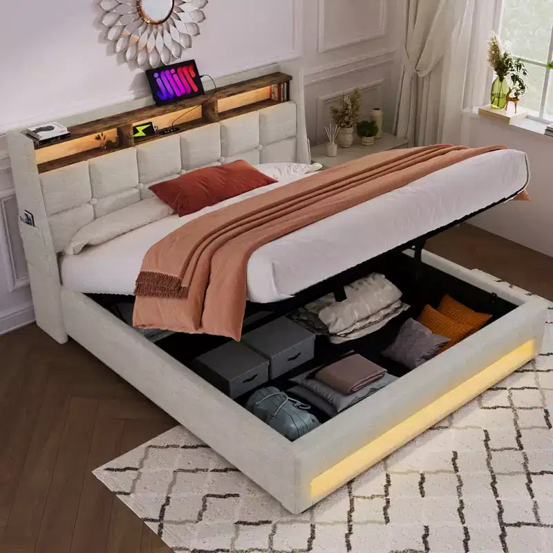 Κρεβάτι Queen Size με υδραυλικό αποθηκευτικό χώρο, LED, USB, επενδυμένο κεφαλάρι, χωρίς ανάγκη για σομιέ, εύκολη συναρμολόγηση