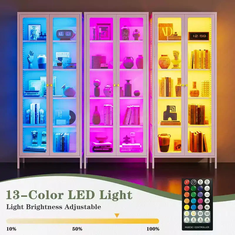 Βιτρίνα 67H με τζάμια στις 3 πλευρές, φωτισμό LED, αποθηκευτικό χώρο 5 επιπέδων με διπλές πόρτες και μεταλλικό σκελετό για συλλεκτικά είδη, ιδανική για μικρούς χώρους