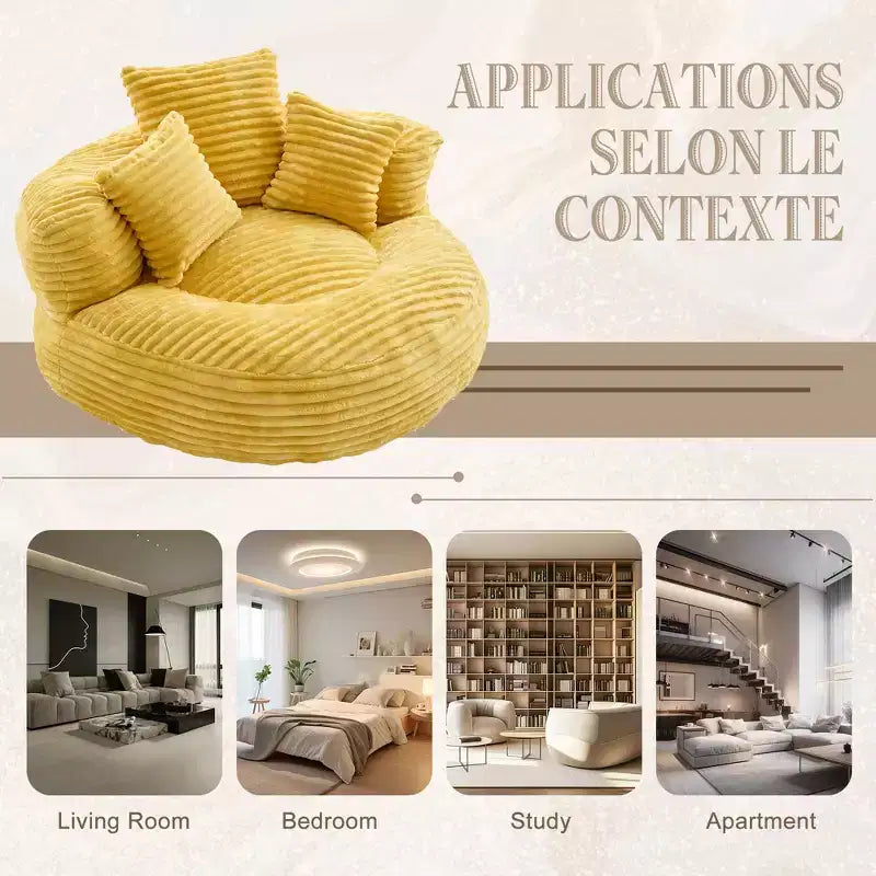 Καναπές Bean Bag για ενήλικες και παιδιά, υπερμεγέθης πολυθρόνα πουφ από κοτλέ ύφασμα με 3 μαξιλάρια και μπράτσα για το σαλόνι και την κρεβατοκάμαρα