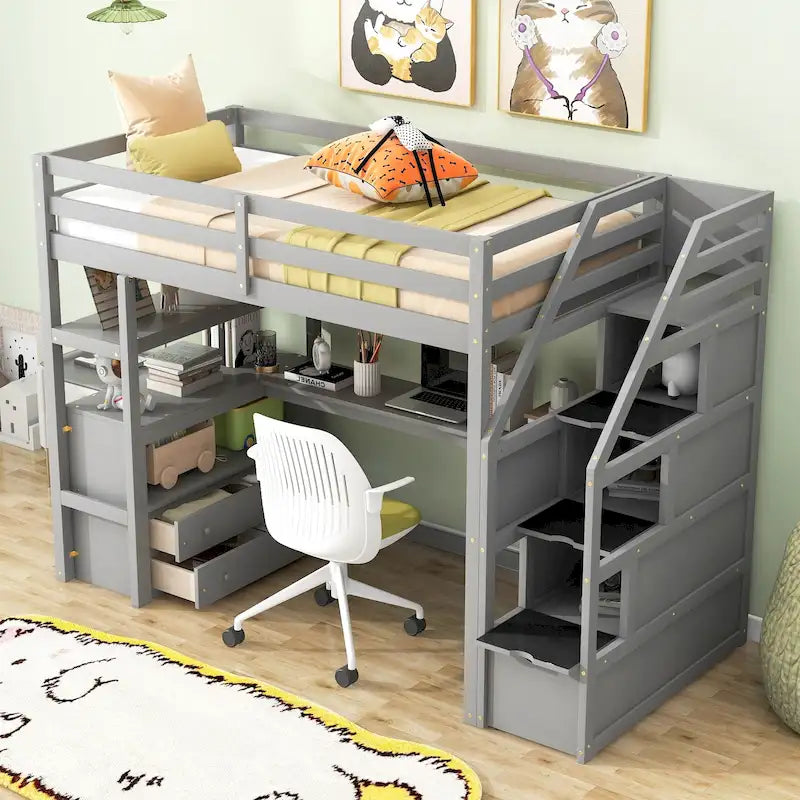 Twin Size Loft Bed with Desk and Shelves, Two Built-in Drawers, Storage Staircase