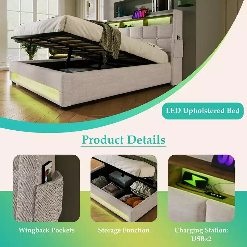 Κρεβάτι Queen Size με υδραυλικό αποθηκευτικό χώρο, LED, USB, επενδυμένο κεφαλάρι, χωρίς ανάγκη για σομιέ, εύκολη συναρμολόγηση