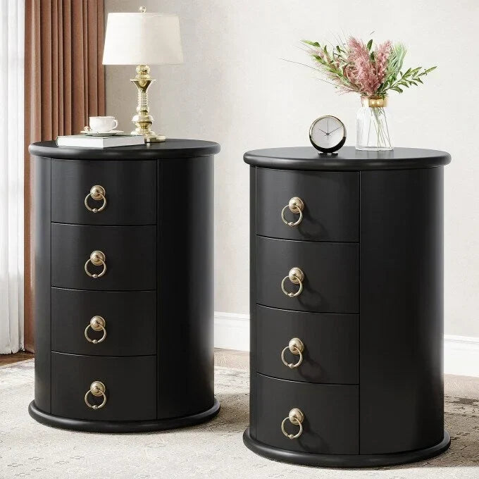 No Assembly Solid Wood End Table, Vintage Round Side Drawers Table