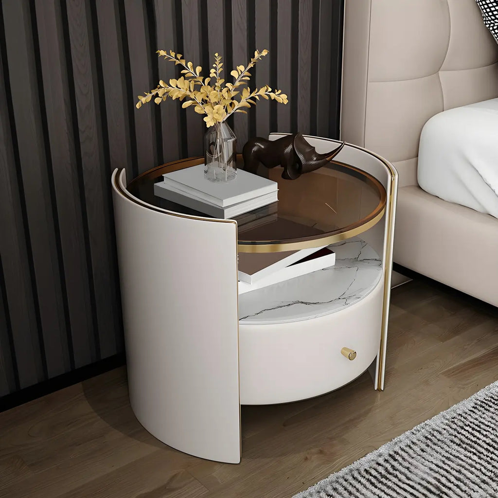 Luxury Glass Top Nightstand with Drawer Storage and Open Cubby