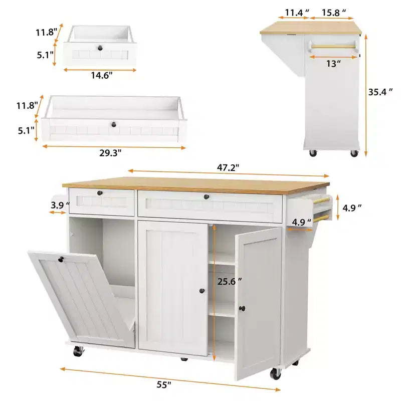 Κινητή Νησίδα Κουζίνας 55 ιντσών με Πρίζα & Πτυσσόμενο Πάγκο, Τροχήλατο Τρόλεϊ Κουζίνας με Ντουλάπι Απορριμμάτων για την Κουζίνα