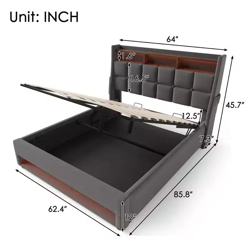 Κρεβάτι Queen Size με υδραυλικό αποθηκευτικό χώρο, LED, USB, επενδυμένο κεφαλάρι, χωρίς ανάγκη για σομιέ, εύκολη συναρμολόγηση