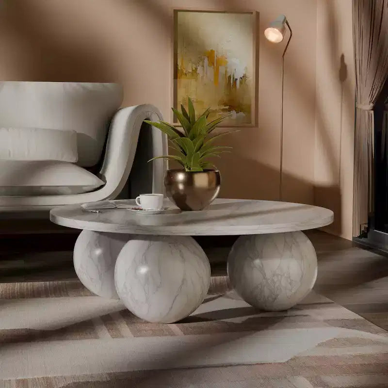 Round Marble Coffee Table with Sphere Legs, Multicolor, Seats 4â€?