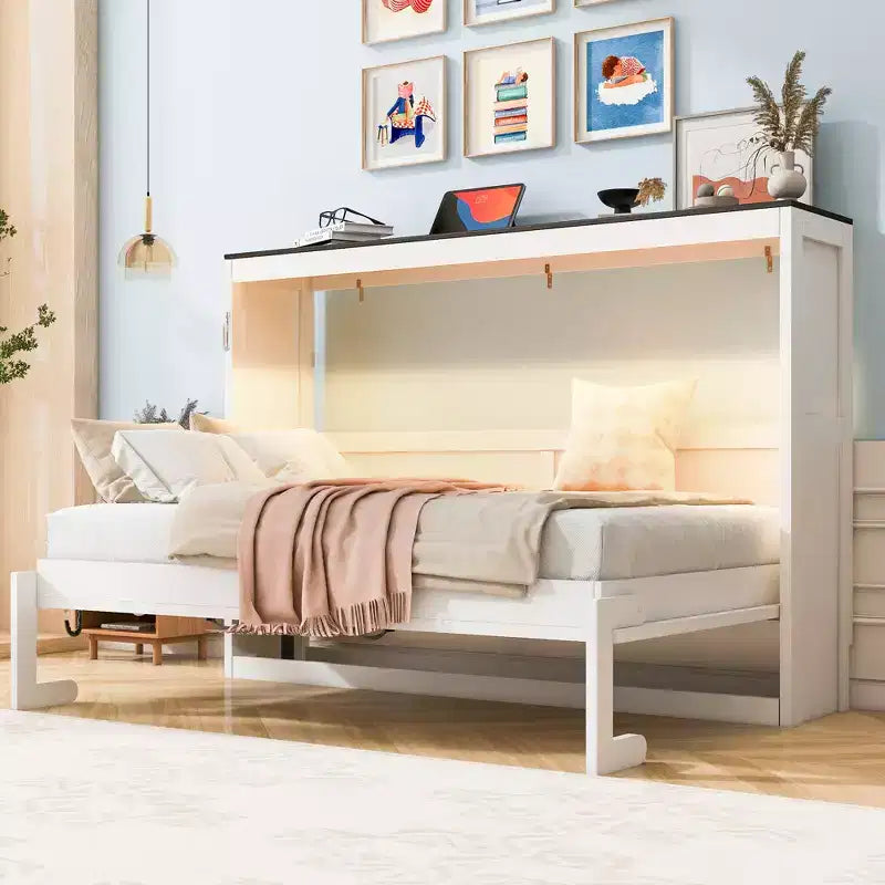 Επικλινές κρεβάτι (Murphy bed) μεγέθους Twin με φως LED, που αναδιπλώνεται σε ντουλάπι, κρυφό επιτοίχιο κρεβάτι για ξενώνα
