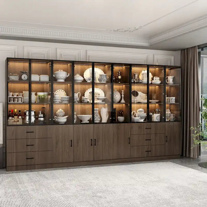 Aluminum and Glass Lighted Cabinet Customizable for Buffet/Bookshelf
