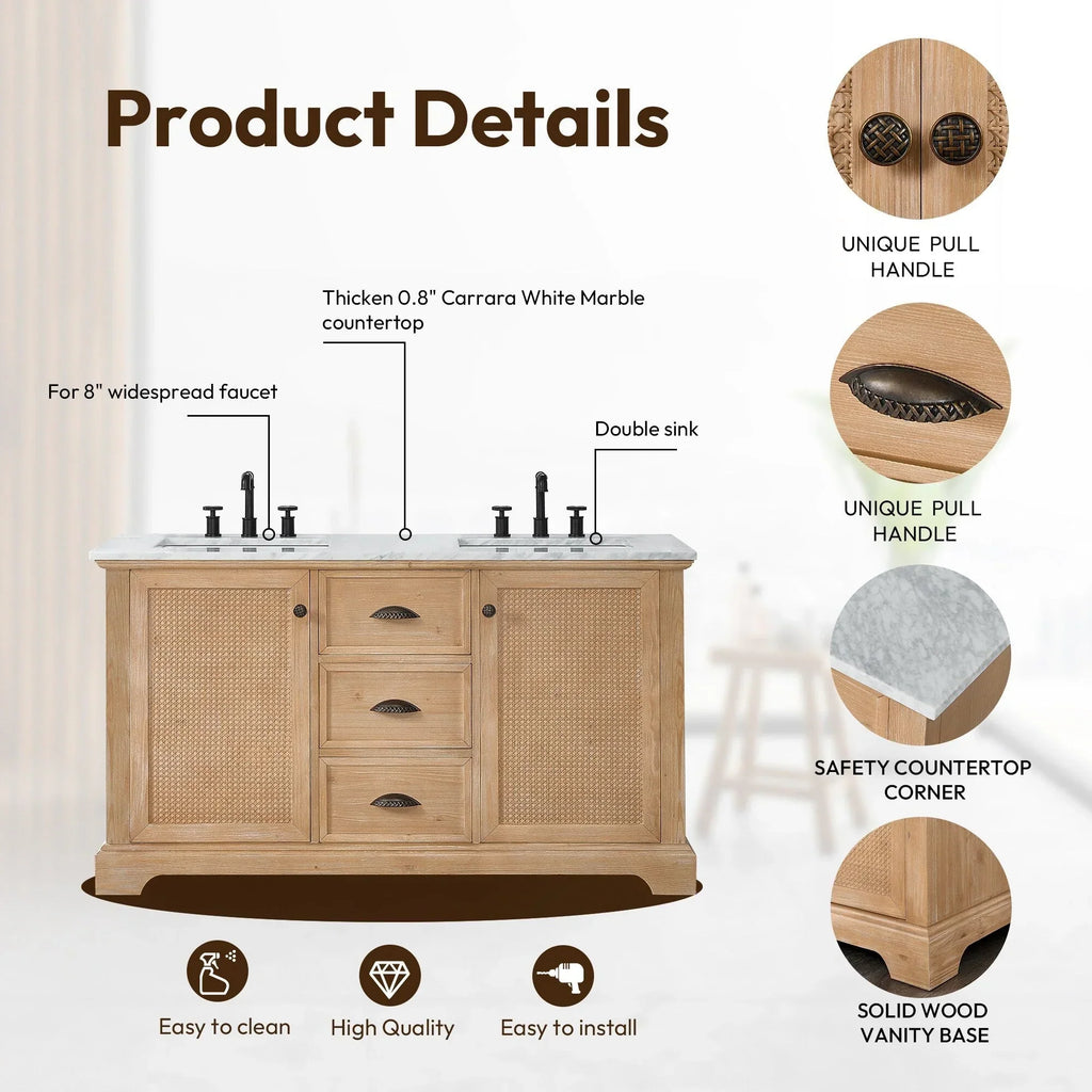 Hervas Bath Vanity with Natural Marble Top without Mirror