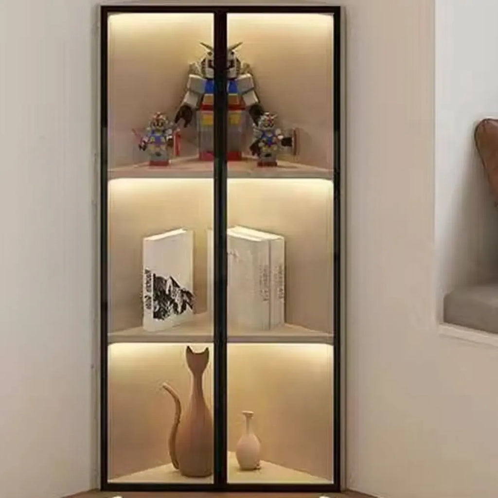 Modern Grey Metal Wood Corner Display Cabinet with Glass Door