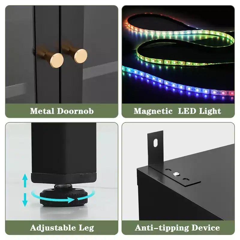 Βιτρίνα 67H με τζάμια στις 3 πλευρές, φωτισμό LED, αποθηκευτικό χώρο 5 επιπέδων με διπλές πόρτες και μεταλλικό σκελετό για συλλεκτικά είδη, ιδανική για μικρούς χώρους
