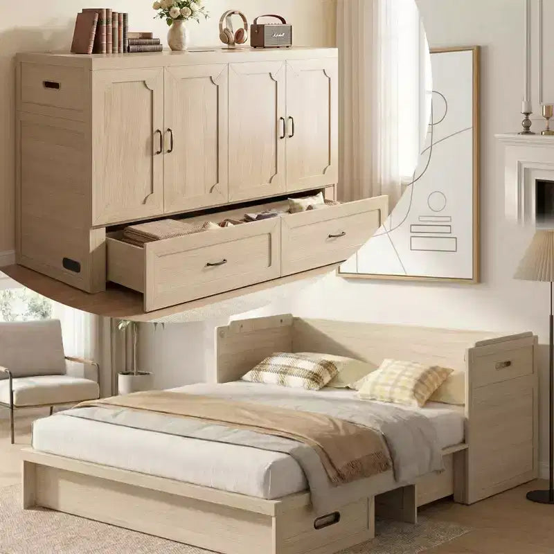 Επιπλοκρεβάτι Murphy Mjkone, διπλό (Queen Size), μετατρεπόμενο, με στρώμα, θύρα φόρτισης USB και συρτάρια αποθήκευσης