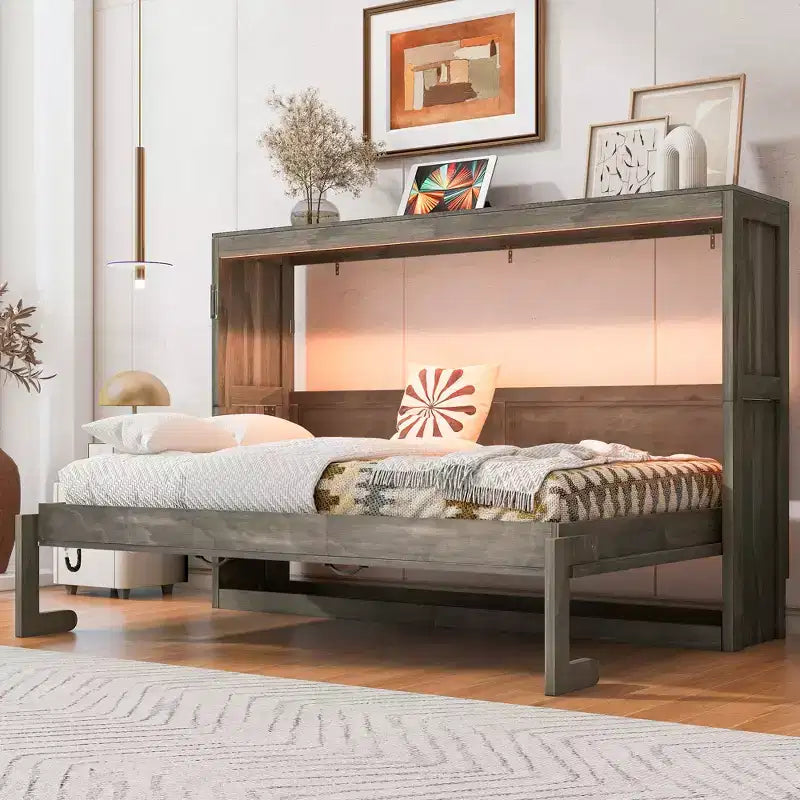 Επικλινές κρεβάτι (Murphy bed) μεγέθους Twin με φως LED, που αναδιπλώνεται σε ντουλάπι, κρυφό επιτοίχιο κρεβάτι για ξενώνα