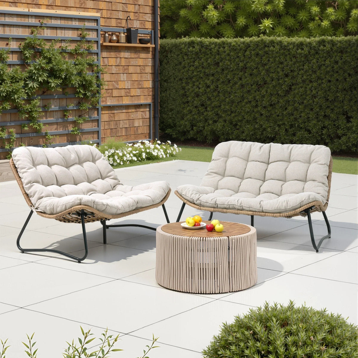 Διπλή πολυθρόνα Papasan Loveseat με μαξιλάρι, από ρατάν PE παντός καιρού και μεταλλικό σκελετό για εσωτερικούς και εξωτερικούς χώρους