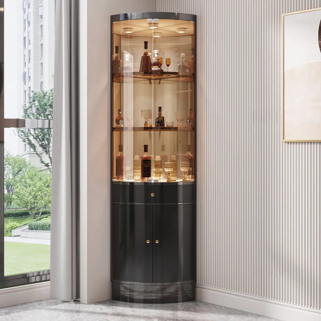 Multiple Levels Glass and Metal Shelf Storage Display Corner Wine Cabinet
