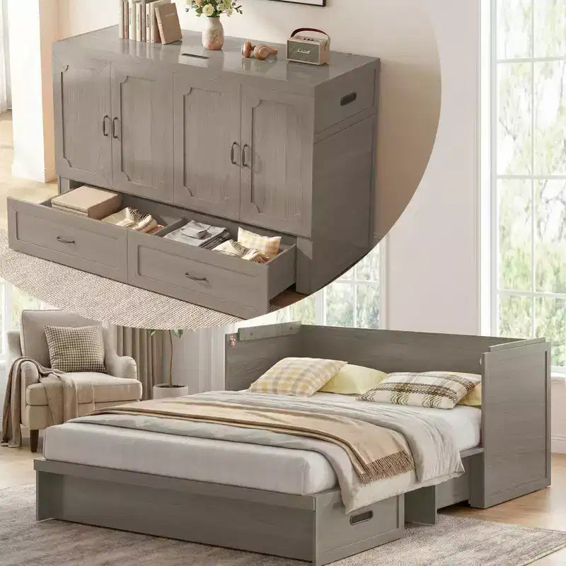 Επιπλοκρεβάτι Murphy Mjkone, διπλό (Queen Size), μετατρεπόμενο, με στρώμα, θύρα φόρτισης USB και συρτάρια αποθήκευσης