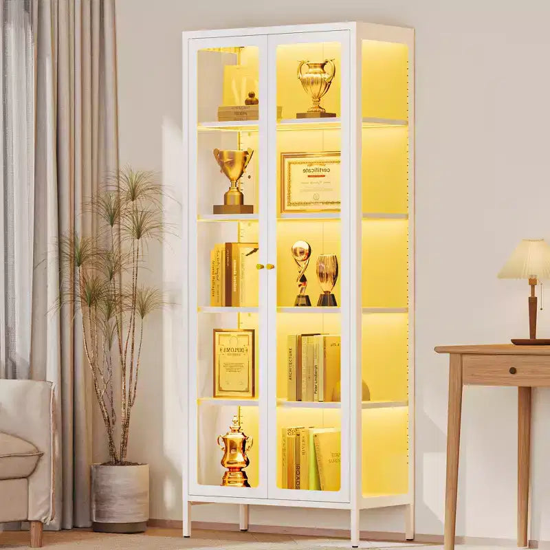 Βιτρίνα 67H με τζάμια στις 3 πλευρές, φωτισμό LED, αποθηκευτικό χώρο 5 επιπέδων με διπλές πόρτες και μεταλλικό σκελετό για συλλεκτικά είδη, ιδανική για μικρούς χώρους