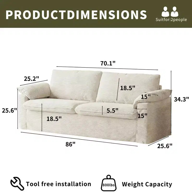 Καναπές Dyonery 86 Cloud Loveseat, Βαθύ Κάθισμα & Μαξιλάρια Φαρδύς Μπράτσων, Στιβαρός Σκελετός, Εργονομικός Σχεδιασμός που Επιτρέπει την Αναπνοή του Υφάσματος