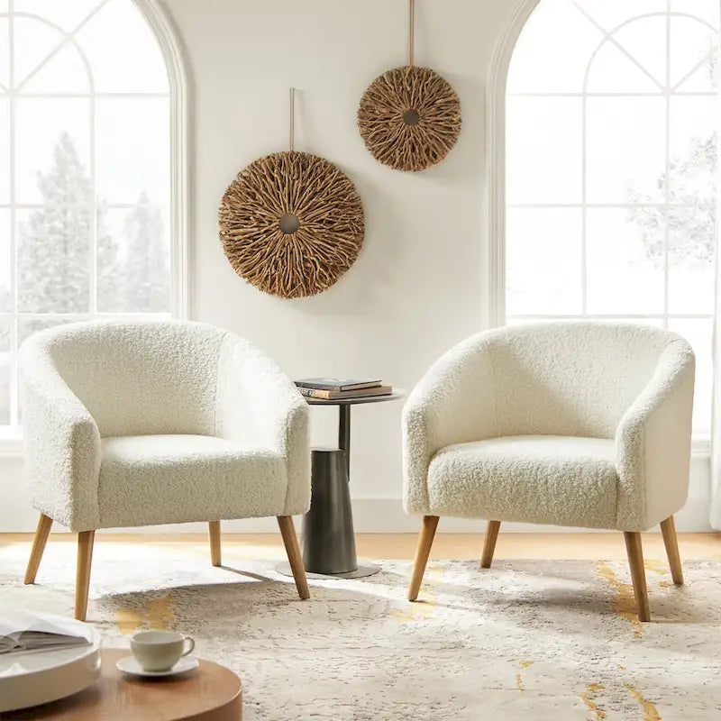 Πολυθρόνα Sheila Modern 30 W από μπουκλέ ύφασμα με πόδια από μασίφ ξύλο, σετ των 2 από την HULALA HOME