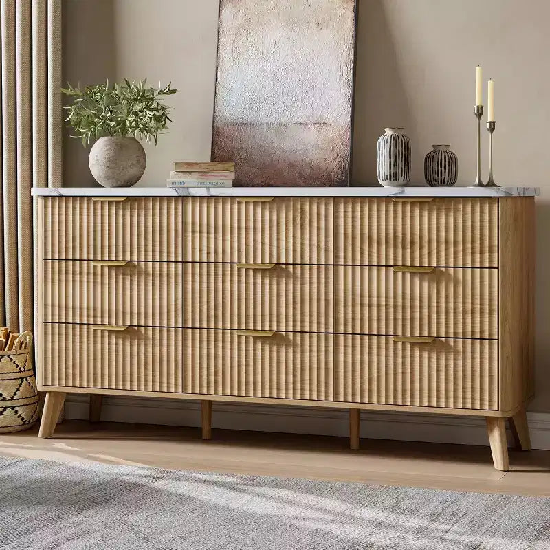 Συρταριέρα 9 συρταριών με ραβδώσεις, Μοντέρνα συρταριέρα, Ξύλινη συρταριέρα για τηλεόραση, Σχεδιασμός με καμπύλο προφίλ, για σαλόνι, διάδρομο