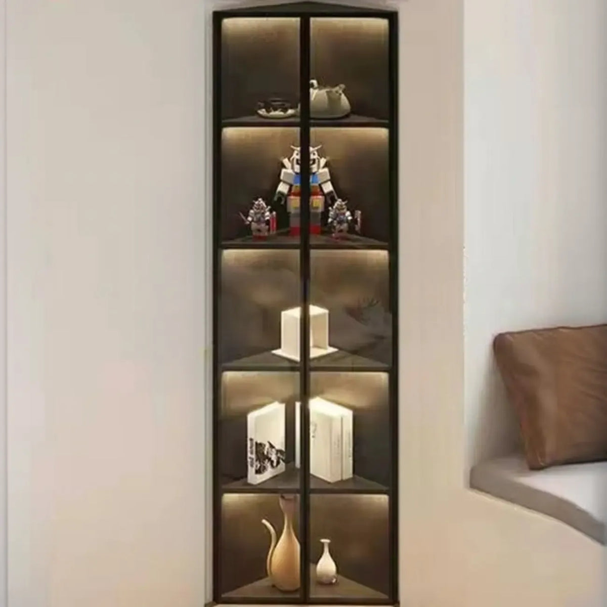 Modern Grey Metal Wood Corner Display Cabinet with Glass Door