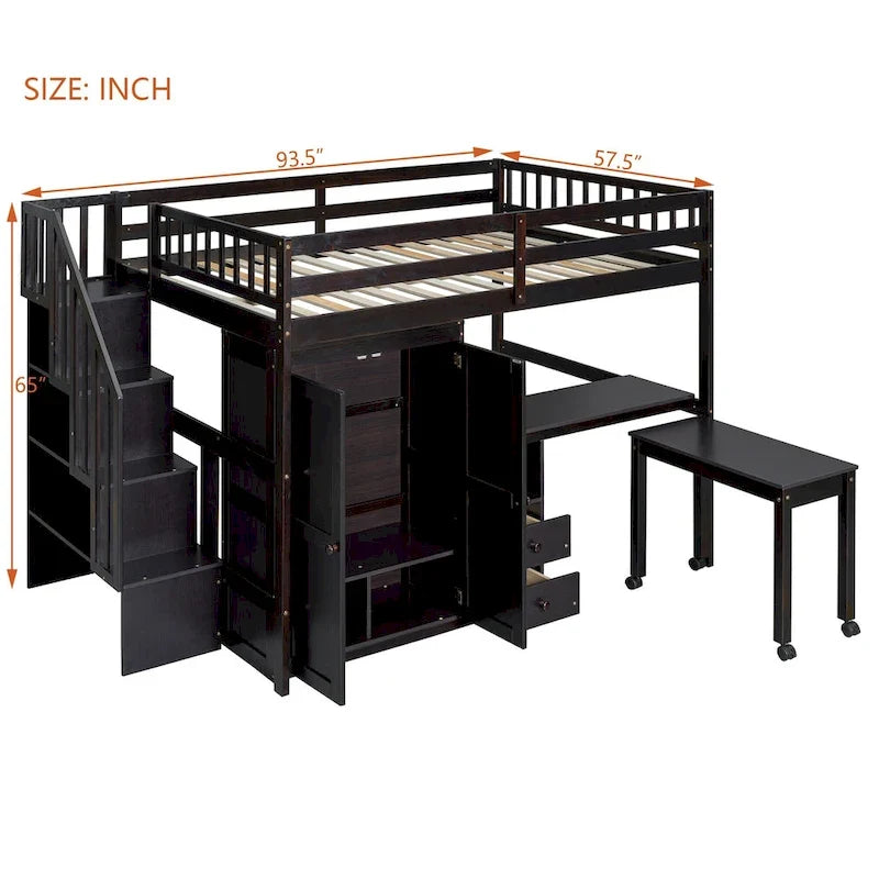 Full Size Loft Bed with Stairs, Bookshelf, Desk & Wardrobe - Space-Saving Multifunctional Furniture for Kids & Teens-White