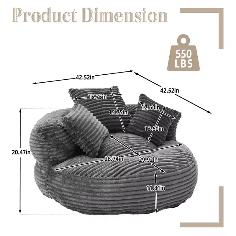 Καναπές Bean Bag για ενήλικες και παιδιά, υπερμεγέθης πολυθρόνα πουφ από κοτλέ ύφασμα με 3 μαξιλάρια και μπράτσα για το σαλόνι και την κρεβατοκάμαρα