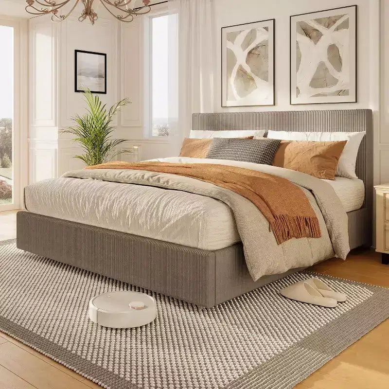 Κρεβάτι CuisinSmart με επένδυση κοτλέ και κεφαλάρι, πλατφόρμα με 4 συρτάρια αποθήκευσης και ξύλινα δοκάρια στήριξης
