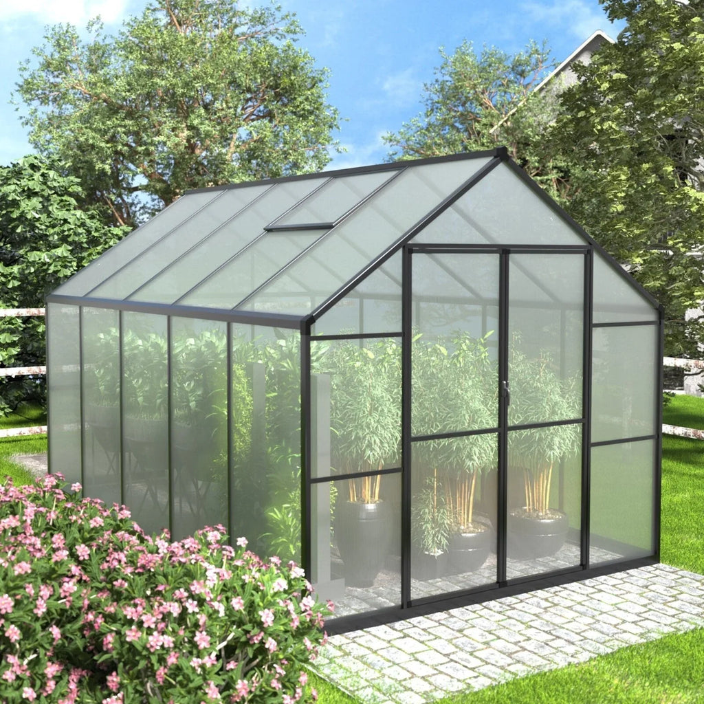 VEIKOUS Aluminum Walk-In Garden Greenhouse Kit with Adjustable Roof Vent and Lockable Door Grey
