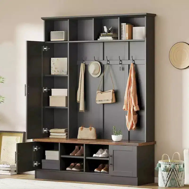 Κρεμάστρα Εισόδου με Παγκάκι Παπουτσοθήκη, Πολυλειτουργική Κρεμάστρα Ρούχων με 6 Γάντζους, Ξύλινη Κρεμάστρα Διαδρόμου με Αποθηκευτικό Χώρο Παπουτσιών για το Χολ και το Σαλόνι