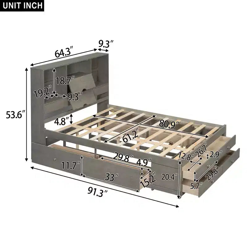 Κρεβάτι πλατφόρμα Queen Size με ράφι αποθήκευσης και 8 συρτάρια, εύκολη συναρμολόγηση